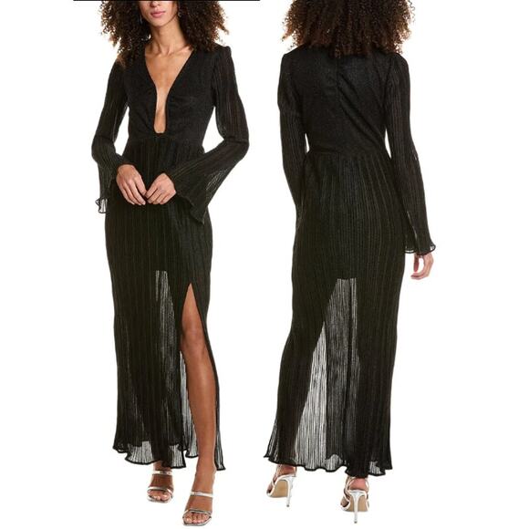 Suboo Crystal Bell Sleeve Plunging Wire Neck Maxi Dress Black Women's Size XS - Picture 1 of 11